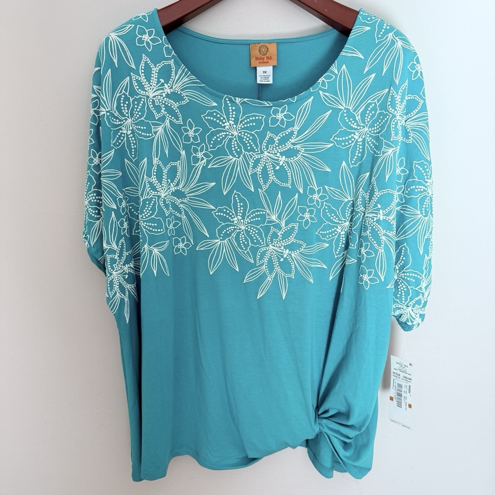 Ruby Rd Blouse 3X Floral Knot Hem Top Blue White Print NWT Plus Size Shirt‎